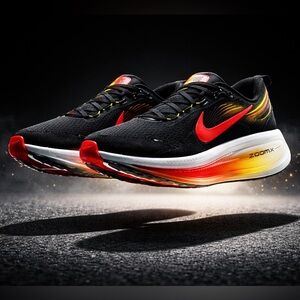 Nike Vomero 18 Black Running Shoes with Red Swoosh and Orange-Yellow